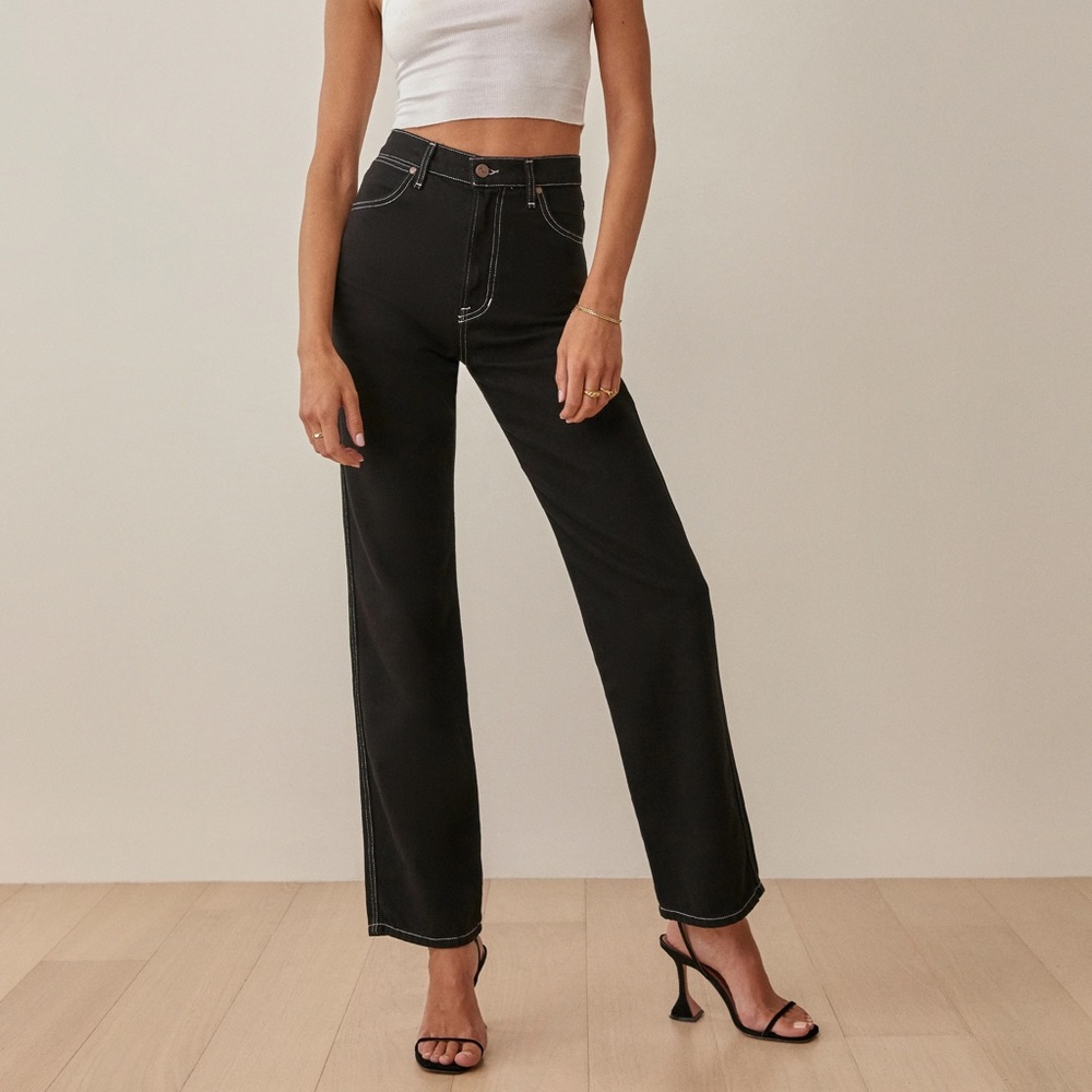 Reformation Cowboy High Rise Straight Black Jeans with White stitching Size 25